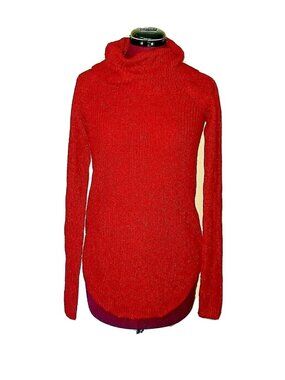 BCX Women’s Sweater Size XS Red Metallic Lurex Pullover Cowl Neck Curved Hem